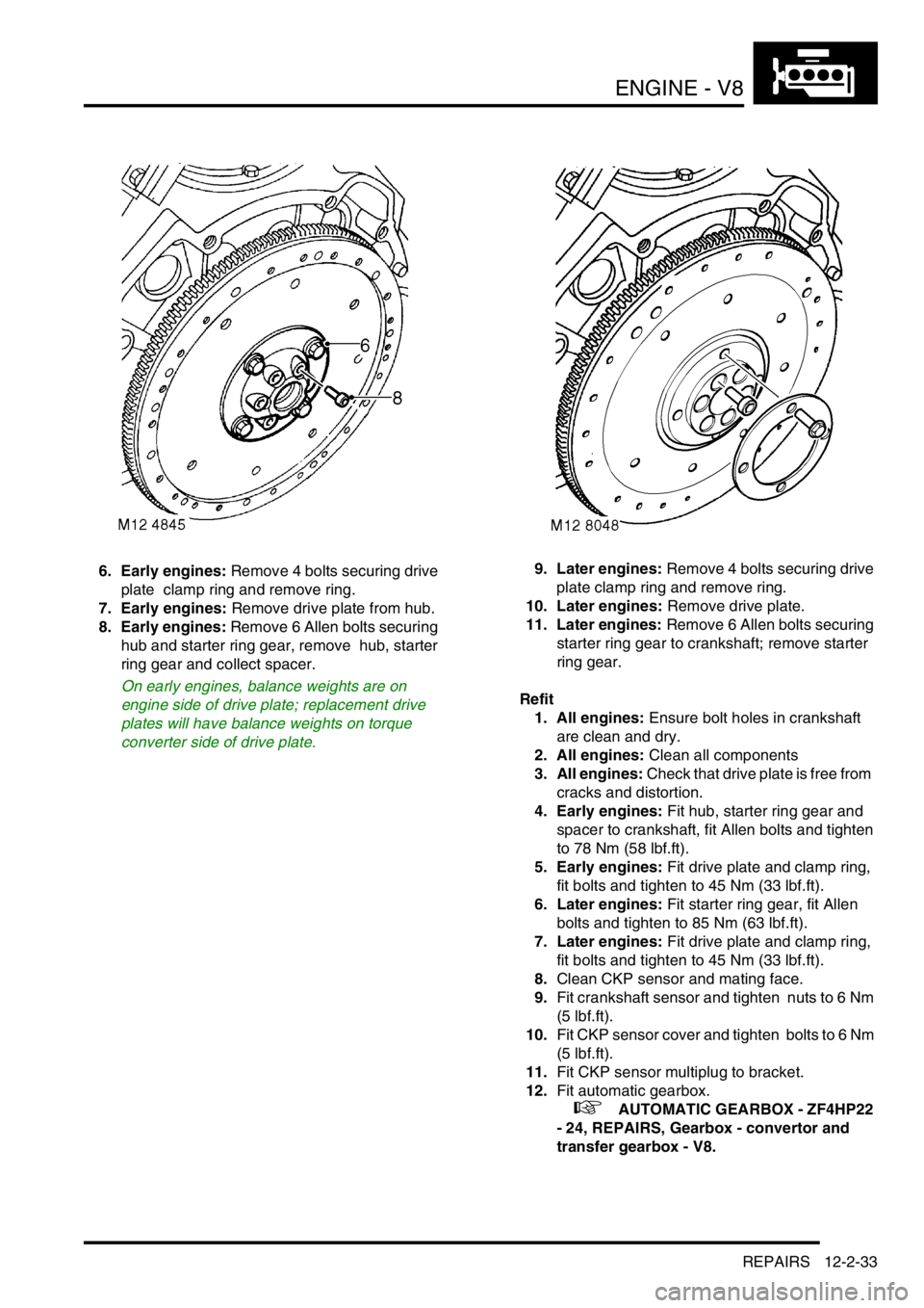 LAND ROVER DISCOVERY 1999  Workshop Manual ENGINE - V8
REPAIRS 12-2-33
6. Early engines: Remove 4 bolts securing drive 
plate  clamp ring and remove ring. 
7. Early engines: Remove drive plate from hub. 
8. Early engines: Remove 6 Allen bolts 