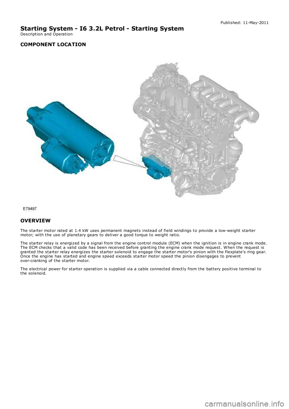 LAND ROVER FRELANDER 2 2006  Repair Manual Publi s hed: 11-May-2011
Starting System - I6 3.2L Petrol - Starting System
Des cript ion and Operat ion
COMPONENT LOCATION
OVERVIEW
The s tarter mot or rated at  1.4 kW  uses  permanent  magnet s ins