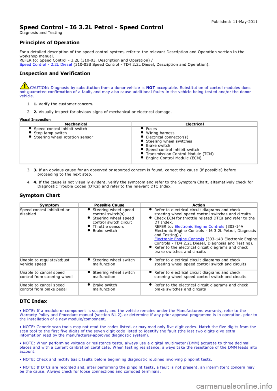 LAND ROVER FRELANDER 2 2006  Repair Manual Publi s hed: 11-May-2011
Speed Control - I6 3.2L Petrol - Speed Control
Diagnosi s  and Tes ti ng
Principles of Operation
For a detail ed descripti on of the speed cont rol  s ys tem, refer to the rel