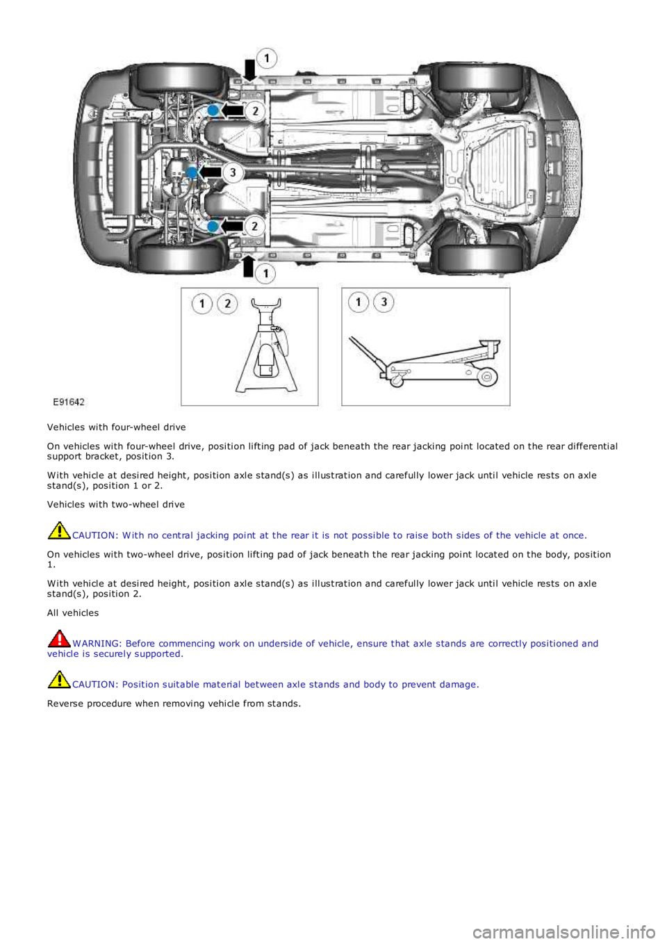 LAND ROVER FRELANDER 2 2006  Repair Manual Vehicles  wi th four-wheel  drive
On vehicles  wi th four-wheel drive, posi ti on li ft ing pad of jack beneath the rear jacki ng poi nt located on t he rear di fferenti als upport bracket , pos it io