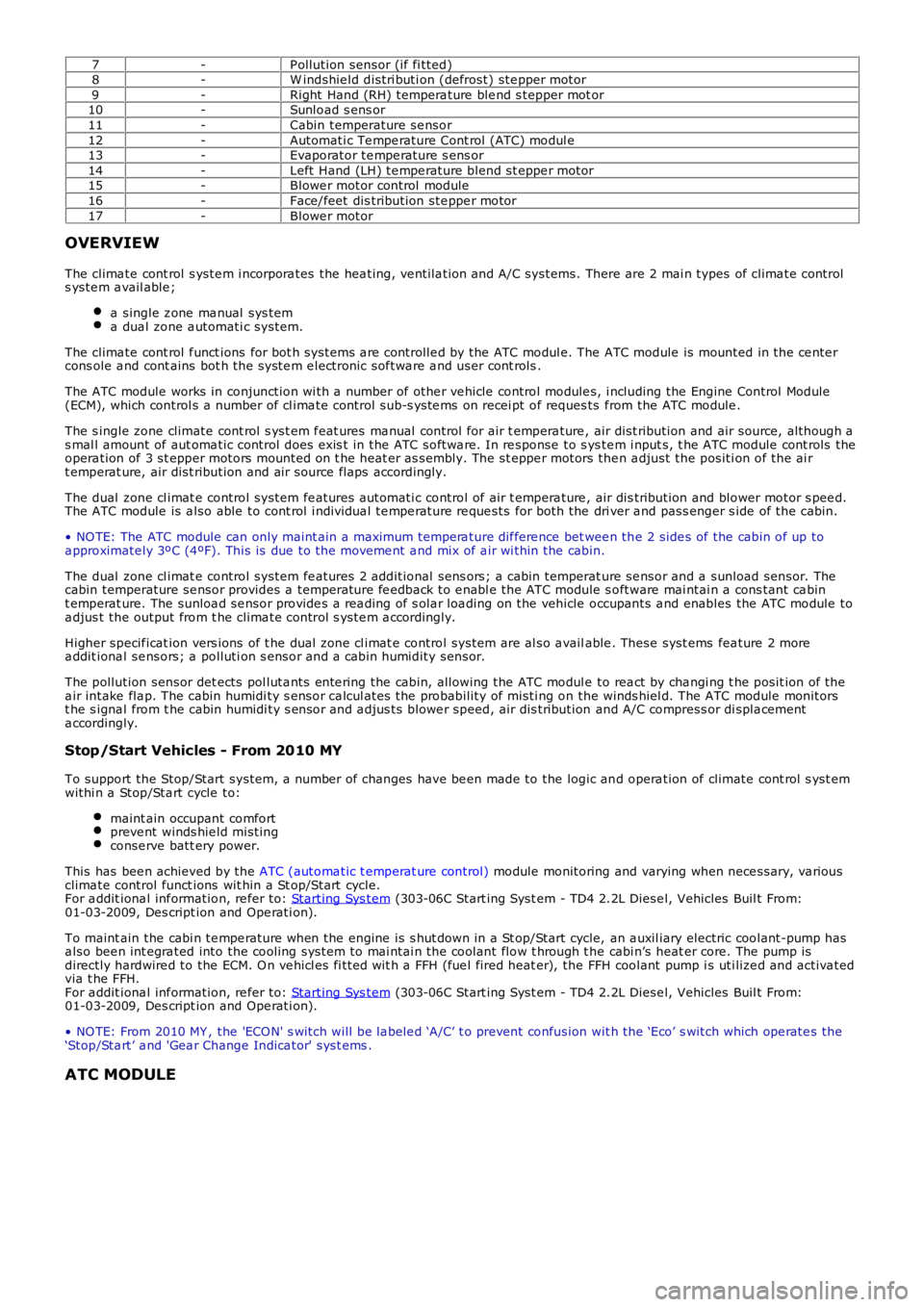 LAND ROVER FRELANDER 2 2006  Repair Manual 7-P ollution  sensor  (if fi tted)8-W indshie ld distri buti on (defrost) ste pper motor9-Right  Hand (RH)  tempera ture  ble nd s tepper  mot or10-Sunload s ens or11-Cabin temperature se nsor12-Autom