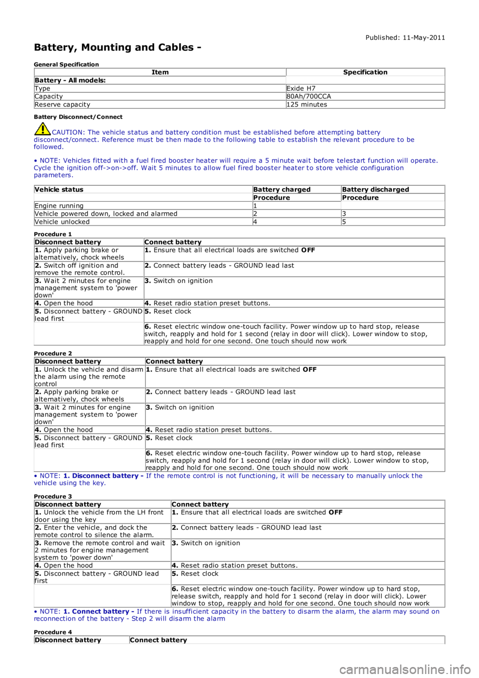 LAND ROVER FRELANDER 2 2006  Repair Manual Publi s hed: 11-May-2011
Battery, Mounting and Cables -
General SpecificationItemSpecification
Battery - All models:
TypeExide H7Capaci ty80Ah/700CCA
Res erve capacit y125 minutes
Battery Disconnect/C