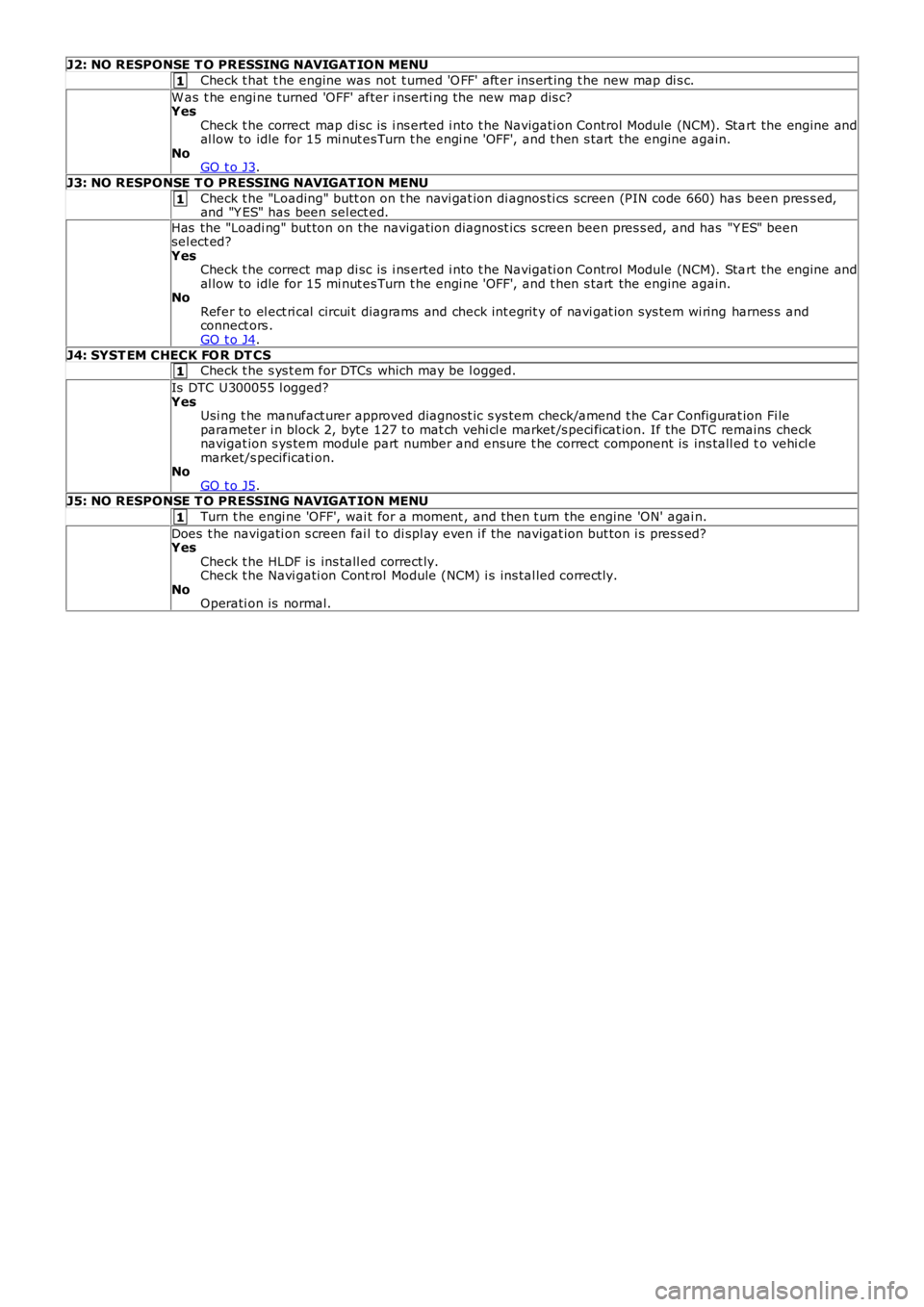 LAND ROVER FRELANDER 2 2006 Repair Manual 1
1
1
1
J2: NO RESPONSE T O PRESSING NAVIGAT ION MENU
Check t hat t he engine was not t urned 'O FF' aft er ins ert ing t he new map di s c.
W as t he engi ne turned 'OFF' after i LAND ROVER FRELANDER 2 2006 Repair Manual 1
1
1
1
J2: NO RESPONSE T O PRESSING NAVIGAT ION MENU
Check t hat t he engine was not t urned 'O FF' aft er ins ert ing t he new map di s c.
W as t he engi ne turned 'OFF' after i
