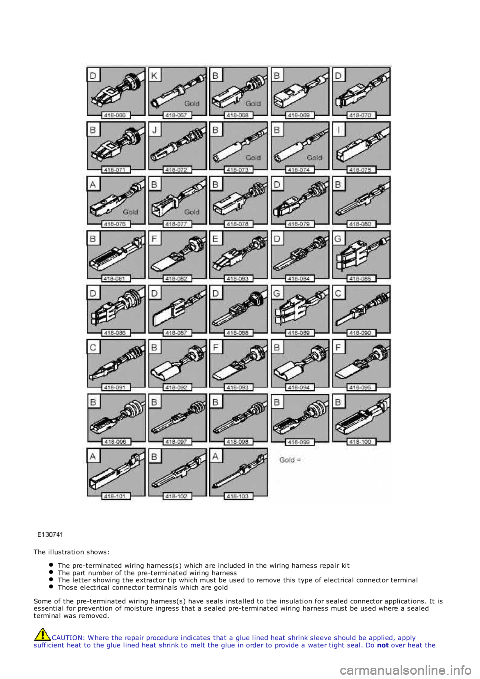 LAND ROVER FRELANDER 2 2006  Repair Manual The il lus trati on s hows :
The pre-terminat ed wiring harnes s (s ) which are included i n t he wiring harnes s  repai r ki tThe part  number of the pre-t ermi nat ed wi ri ng harnessThe let ter s h