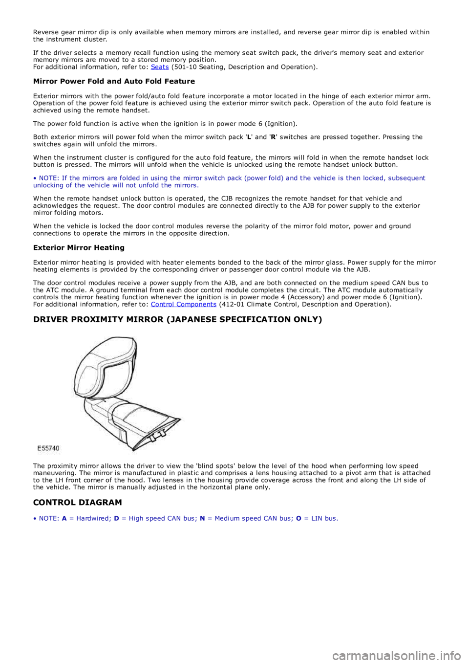 LAND ROVER FRELANDER 2 2006  Repair Manual Revers e gear mirror dip i s  only avail abl e when memory mi rrors  are ins t al led, and revers e gear mi rror di p is  enabled wit hint he ins trument cl ust er.
If the driver sel ect s a memory re