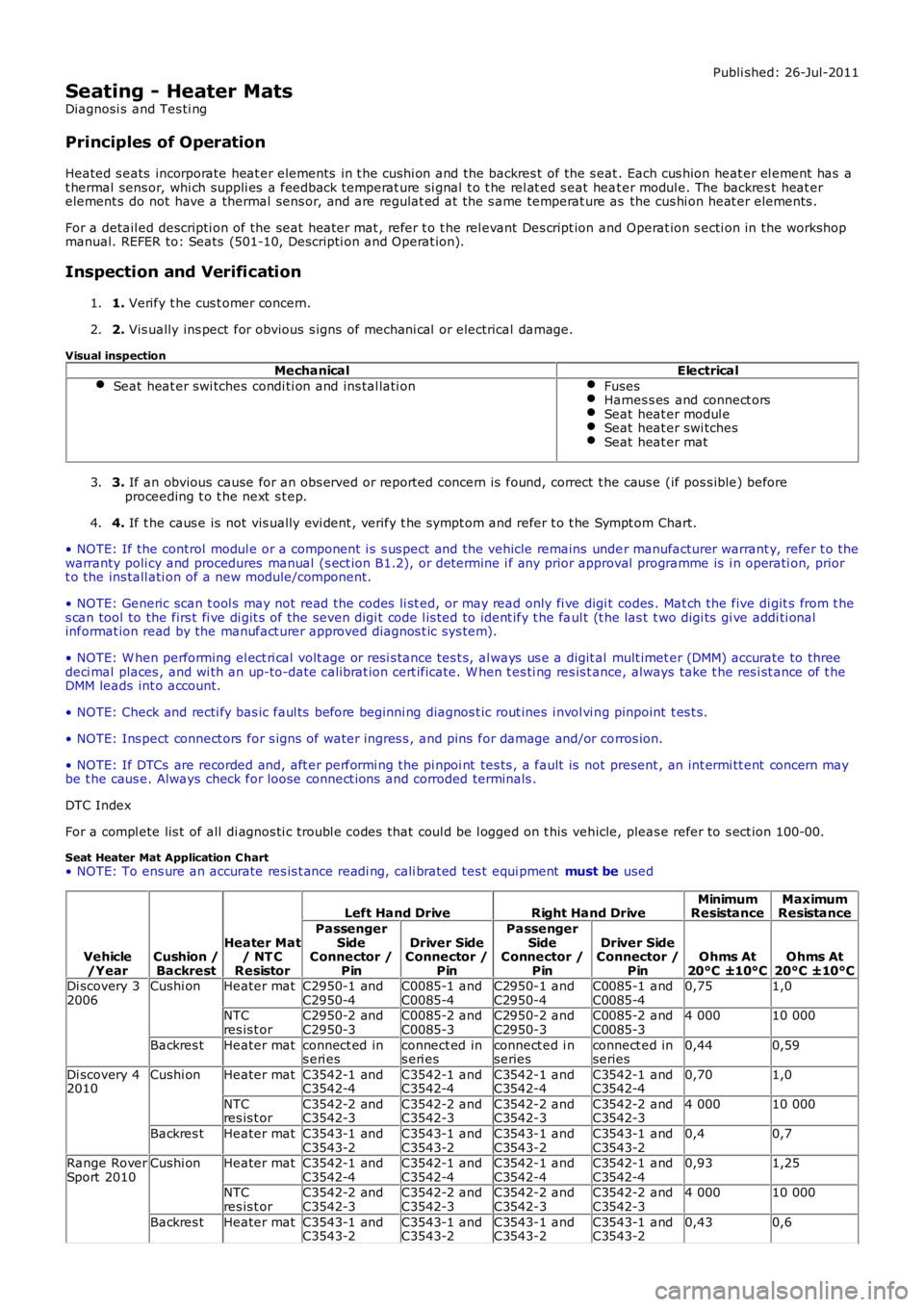 LAND ROVER FRELANDER 2 2006  Repair Manual Publi shed: 26-Jul-2011
Seating - Heater Mats
Diagnosi s  and Tes ti ng
Principles of Operation
Heated s eats  incorporate heat er elements  in t he cushi on and the backres t of the s eat. Each cus h
