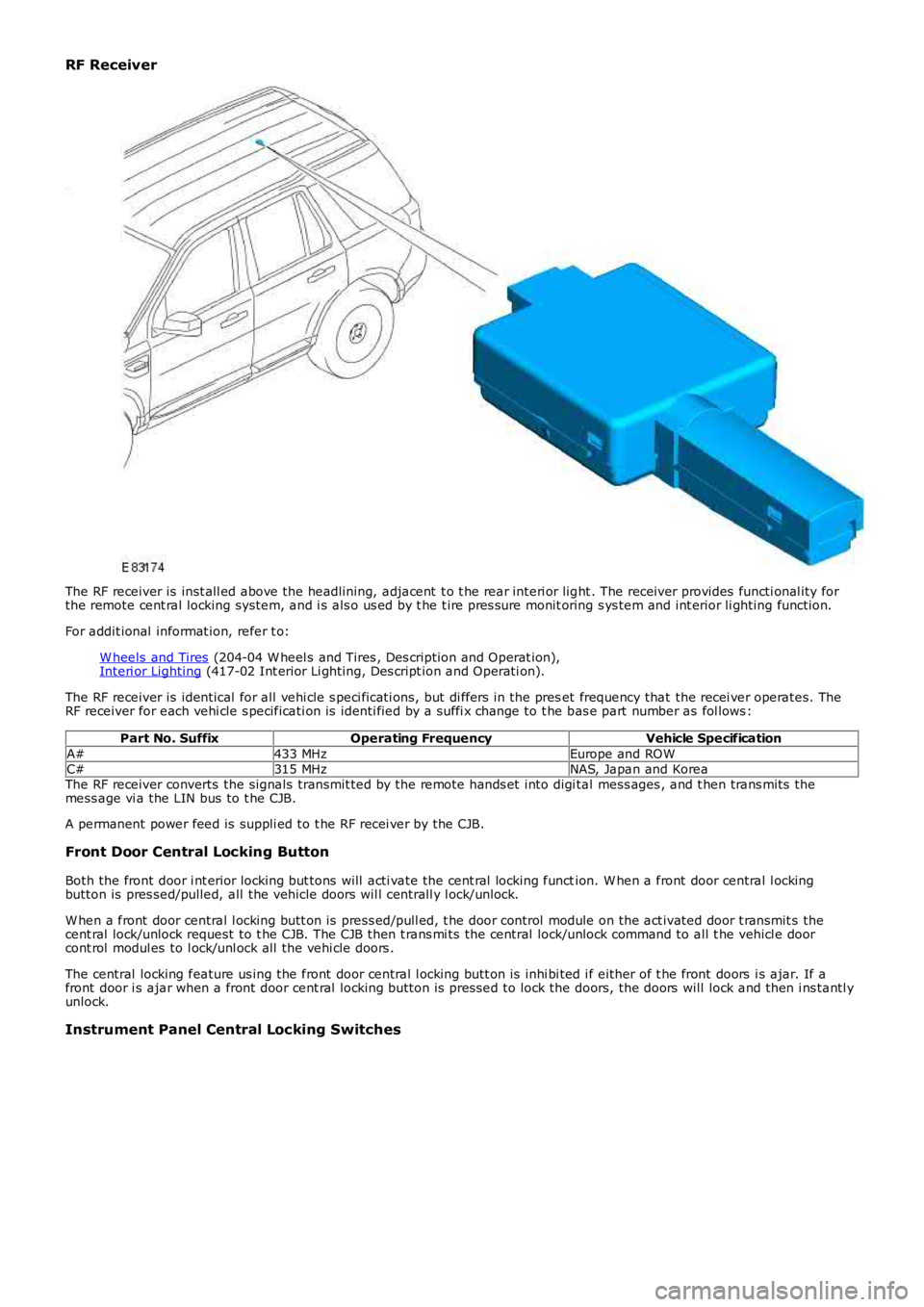 LAND ROVER FRELANDER 2 2006  Repair Manual RF Receiver
The RF receiver is  inst all ed above the headlining, adjacent  t o t he rear interi or light . The receiver provides  functi onal ity forthe remote cent ral locking system, and i s als o 