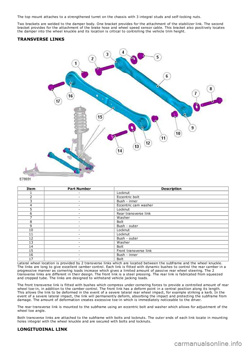 LAND ROVER FRELANDER 2 2006  Repair Manual The t op mount  at t aches t o a s t rengthened turret  on t he chas s is  wit h 3 i ntegral  s tuds and s elf-l ocking nut s .
Two brackets  are welded t o t he damper body. One bracket provides for 