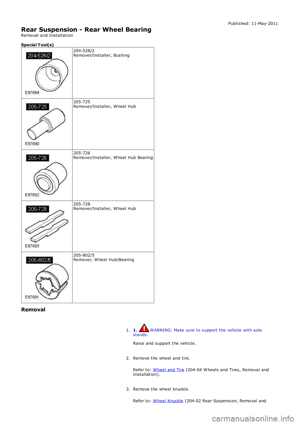 LAND ROVER FRELANDER 2 2006  Repair Manual Publi s hed: 11-May-2011
Rear Suspension - Rear Wheel Bearing
Removal  and Inst all ati on
Special T ool(s)
204-528/2Remover/Ins t al ler, Bus hing
205-725Remover/Ins t al ler, W heel  Hub
205-726Remo