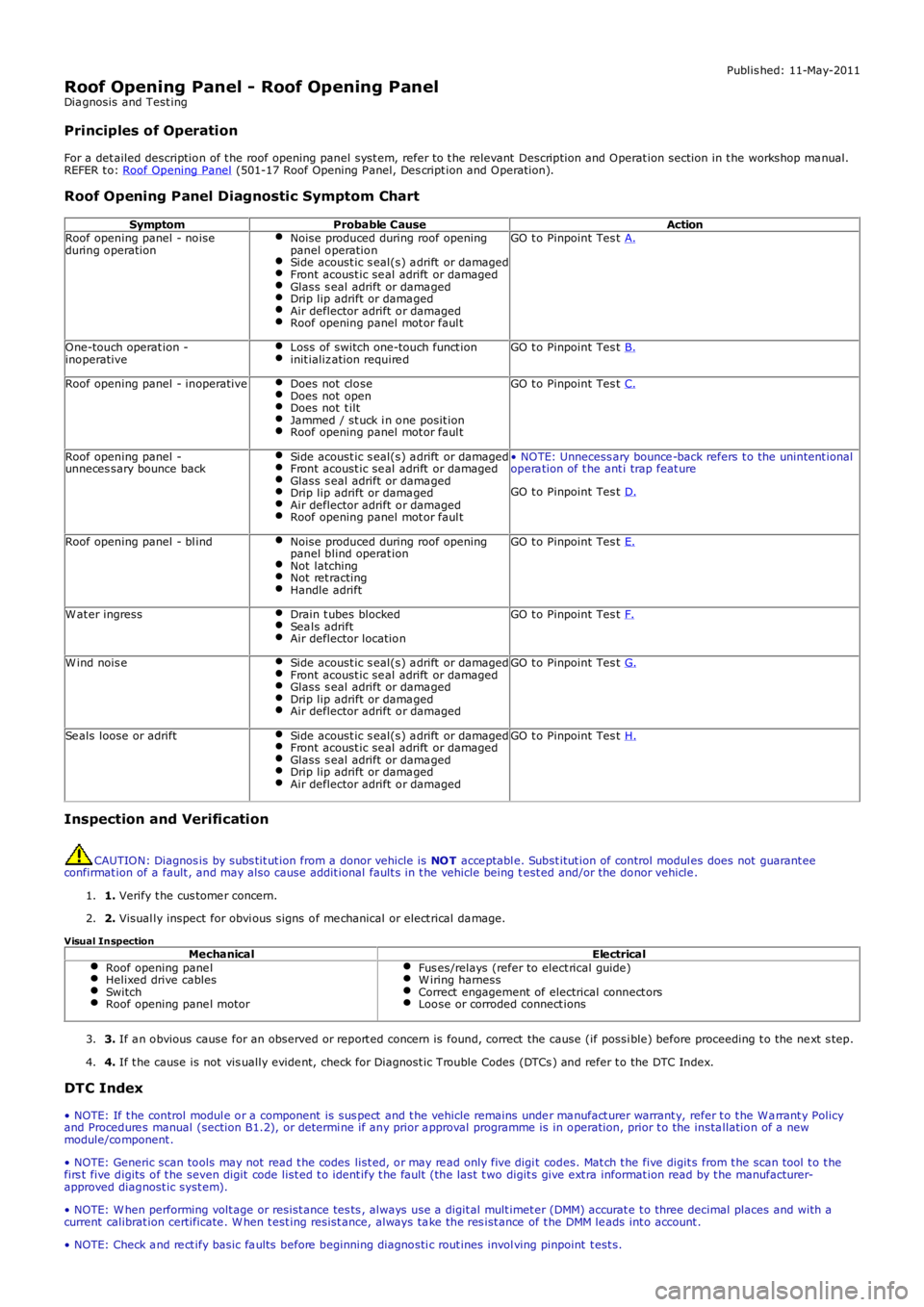 LAND ROVER FRELANDER 2 2006  Repair Manual Publis hed: 11-May-2011
Roof Opening Panel - Roof Opening PanelDia gnosis and Test ing
Principles of Operation
For a det ailed description of t he roof opening panel syst em, refer to t he relevant  D