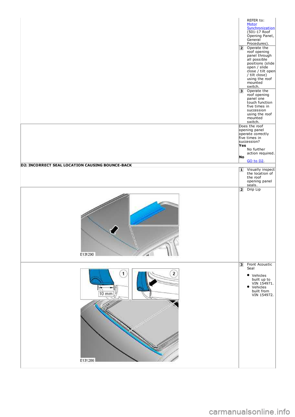 LAND ROVER FRELANDER 2 2006  Repair Manual 2
3
1
2
3
REFER t o:MotorSynchronizat ion(501-17 RoofOpening Panel,GeneralProce dures).Operate t heroof openingpanel t hroughall poss ibleposit ions  (sl ideopen / slidecl ose / t ilt  open/ tilt  clo
