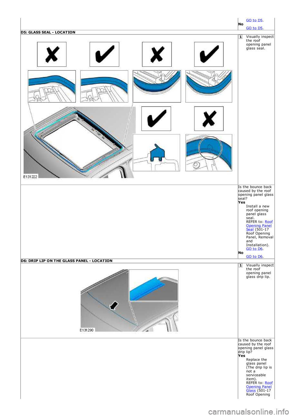LAND ROVER FRELANDER 2 2006  Repair Manual 1
1
GO t o D5.NoGO t o D5.D5: GLASS SEAL - LOCAT IONVisually inspectt he roofopening panelglass  seal.
Is t he bounce  backcaused by t he roofopening panel glassse al?YesInst all a newroof openingpane