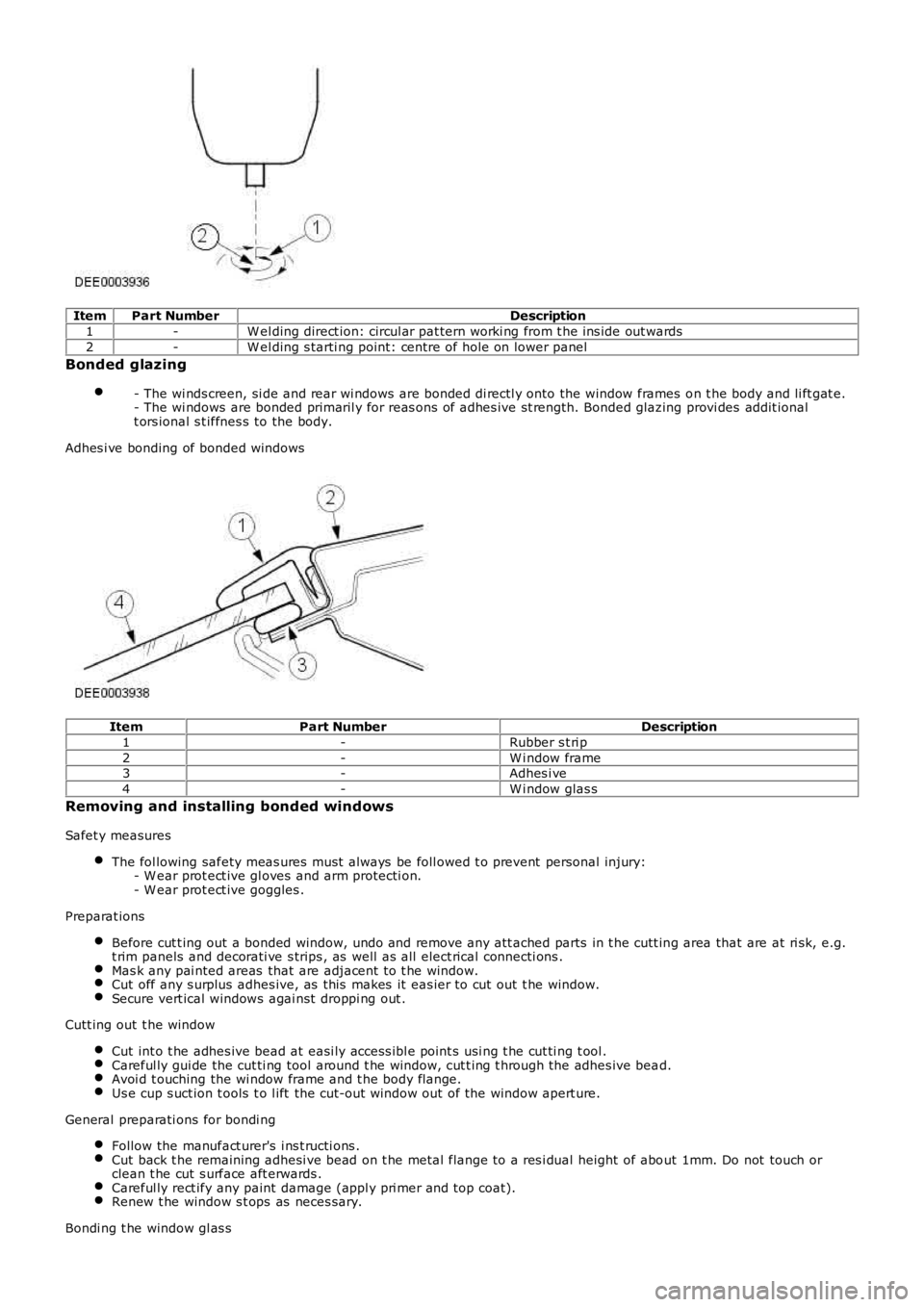 LAND ROVER FRELANDER 2 2006 Repair Manual ItemPart NumberDescription
1-W el ding direct ion: circul ar pat tern worki ng from t he ins ide out wards
2-W el ding s tarti ng point: centre of hole on lower panel
Bonded glazing
- The wi nds creen LAND ROVER FRELANDER 2 2006 Repair Manual ItemPart NumberDescription
1-W el ding direct ion: circul ar pat tern worki ng from t he ins ide out wards
2-W el ding s tarti ng point: centre of hole on lower panel
Bonded glazing
- The wi nds creen