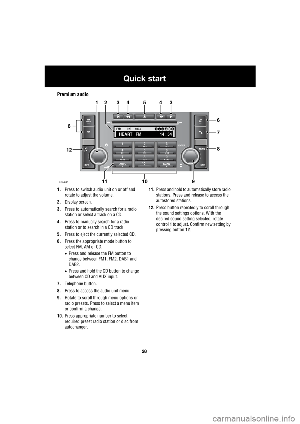 LAND ROVER FRELANDER 2 2006  Repair Manual 28
Quick start
L
Premium audio
1. Press to switch audio unit on or off and  
rotate to adjust the volume. 
2.  Display screen. 
3.  Press to automatically search for a radio  
station or select a trac