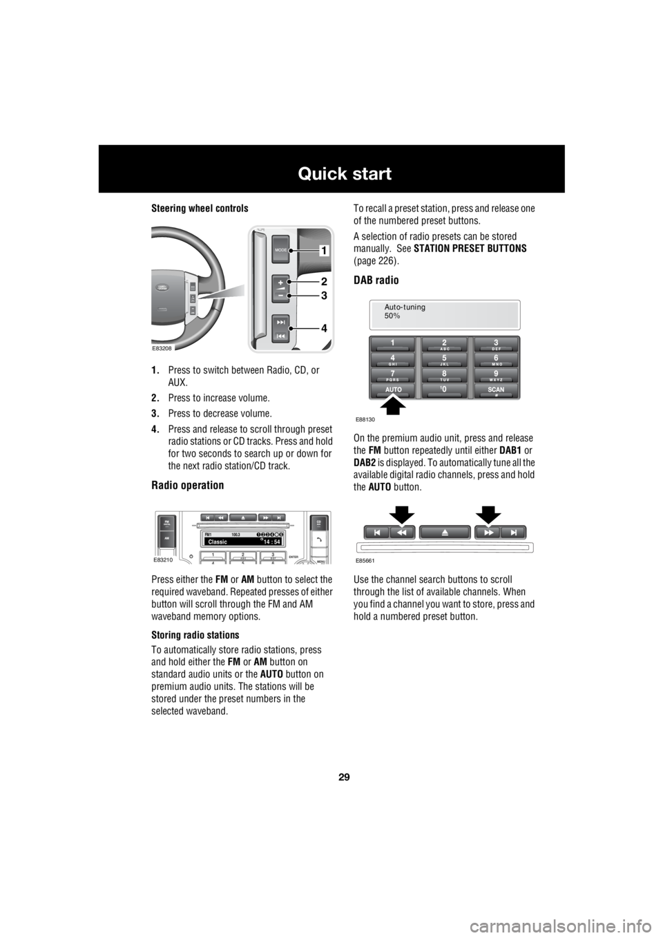 LAND ROVER FRELANDER 2 2006  Repair Manual 29
Quick start
R
Steering wheel controls 
1.  Press to switch between Radio, CD, or  
AUX. 
2.  Press to increase volume. 
3.  Press to decrease volume. 
4.  Press and release to  scroll through prese