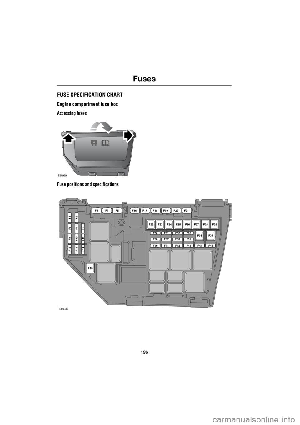 LAND ROVER FRELANDER 2 2006  Repair Manual Fuses
196
L
FUSE SPECIFICATION CHART
Engine compartment fuse box
Accessing fuses 
Fuse positions and specifications
E80929
F22F23F24F25F26F27F28F29
F34F35F30
F36
F40
F31
F37
F41
F32
F38
F42
F33
F39
F4
