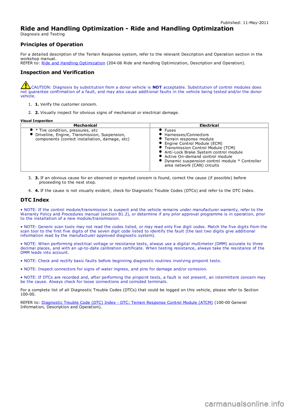 LAND ROVER FRELANDER 2 2006  Repair Manual Publi s hed: 11-May-2011
Ride and Handling Optimization - Ride and Handling Optimization
Diagnosi s  and Tes ti ng
Principles of Operation
For a detail ed descripti on of the Terrain Respons e s ys t 