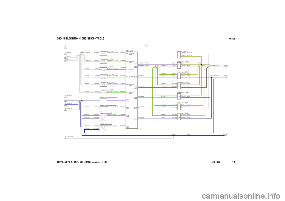 LAND ROVER FRELANDER 2 2006  Repair Manual 303-14 ELECTRONIC ENGINE CONTROLS
Petrol 
FREELANDER 2 - LR2 - VIN: 000201 onwards  (LHD)  (03 / 05) 19
YE-GY,1.5
BK-BU,1.0BK-BU,1.0
BK-BU,0.75
WH,0.75
GY-BU,1.0GY-BU,1.0GY-BU,1.0GY-BU,1.0
GY-BU,1.0GY