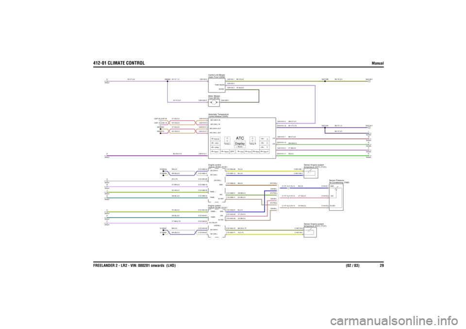 LAND ROVER FRELANDER 2 2006 Repair Manual 412-01 CLIMATE CONTROL
Manual
FREELANDER 2 - LR2 - VIN: 000201 onwards (LHD) (02 / 03) 29
BU,0.5VT-OG,0.5GY-BN,0.5
GN,0.5VT-BN,0.5WH-GN,0.5BN-VT,0.5BK-VT,0.75
BK-YE,6.0GY-BN,0.5 (DIESEL)VT-OG,0.5 ( LAND ROVER FRELANDER 2 2006 Repair Manual 412-01 CLIMATE CONTROL
Manual
FREELANDER 2 - LR2 - VIN: 000201 onwards (LHD) (02 / 03) 29
BU,0.5VT-OG,0.5GY-BN,0.5
GN,0.5VT-BN,0.5WH-GN,0.5BN-VT,0.5BK-VT,0.75
BK-YE,6.0GY-BN,0.5 (DIESEL)VT-OG,0.5 (