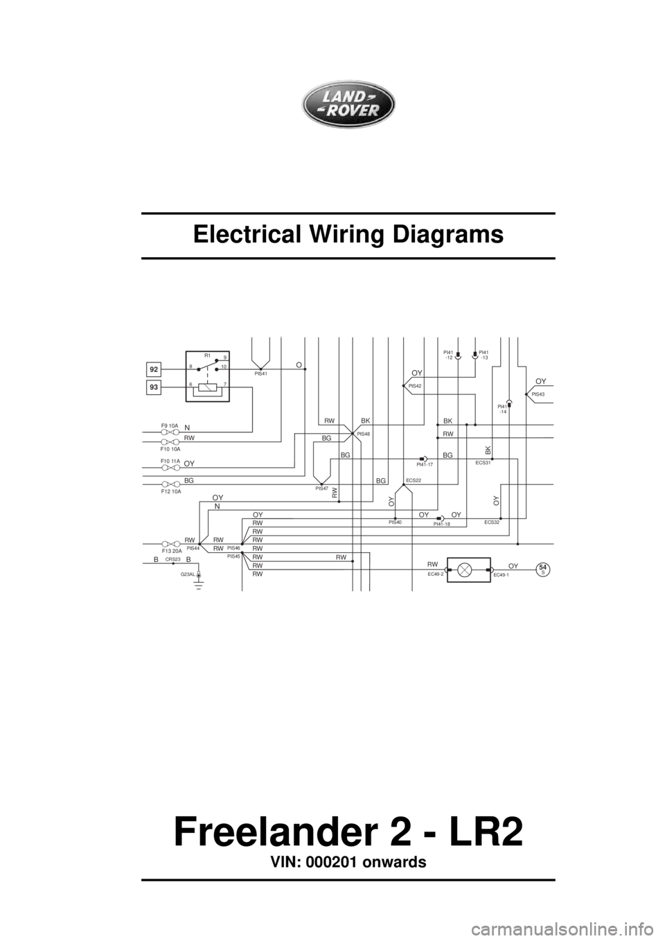 LAND ROVER FRELANDER 2 2006  Repair Manual Electrical Wiring Diagrams
Freelander 2 - LR2
VIN: 000201 onwards
PIS40 ECS31
BG
PI41-18OY OY
PI41-17
PI41 
-14
ECS32
BG
PIS47
BG 
BG
OY
PIS48
PIS46
RW 
RW 
RW 
RW 
RW 
RW
RW
RWPIS45PIS44RW 
RW 
RW
92