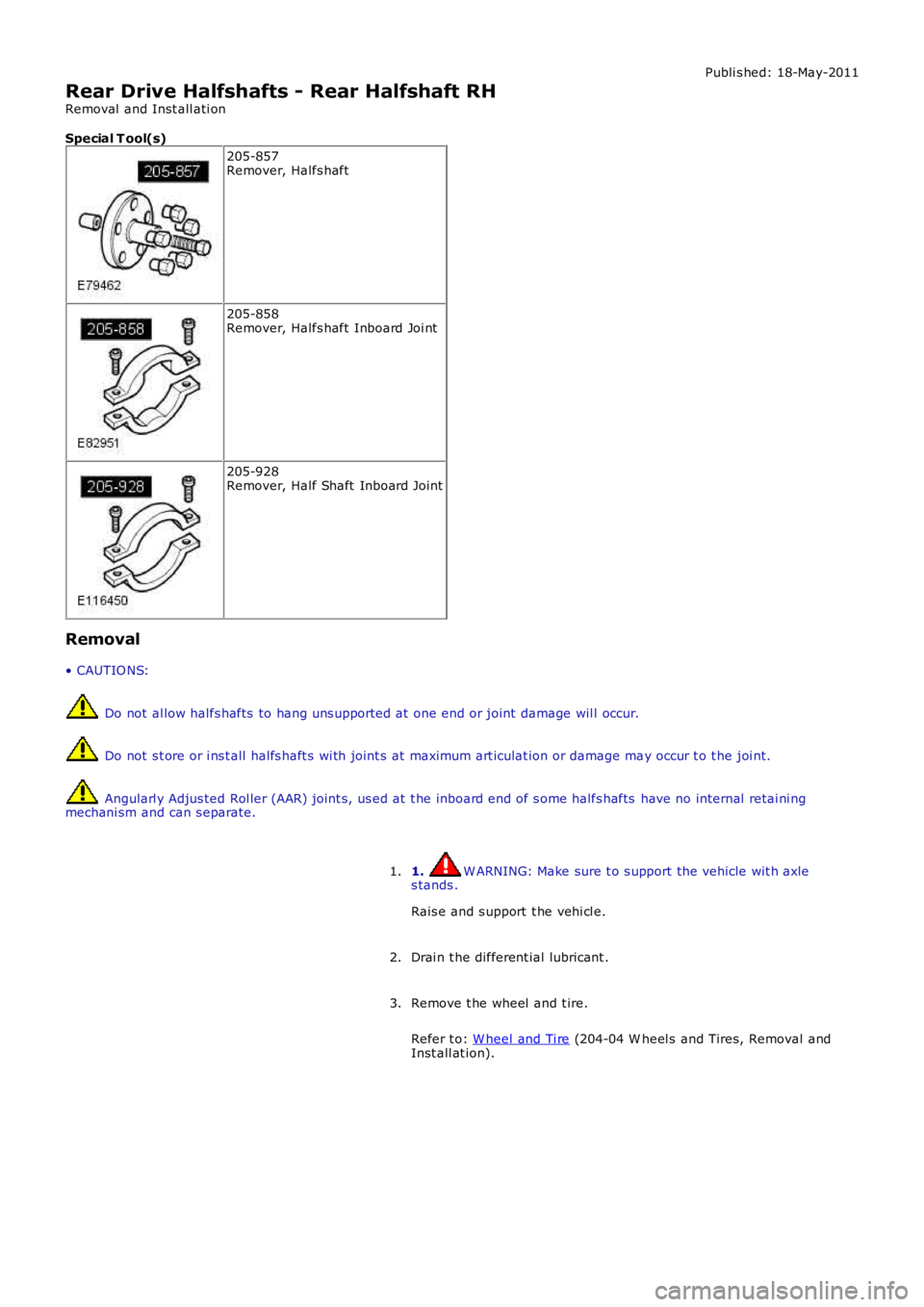 LAND ROVER FRELANDER 2 2006  Repair Manual Publi s hed: 18-May-2011
Rear Drive Halfshafts - Rear Halfshaft RH
Removal  and Inst all ati on
Special T ool(s)
205-857Remover, Halfs haft
205-858Remover, Halfs haft Inboard Joi nt
205-928Remover, Ha