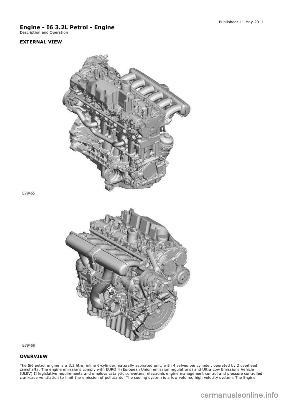 LAND ROVER FRELANDER 2 2006  Repair Manual Published: 11-May-2011
Engine - I6 3.2L Petrol - Engine
Descript ion and O peration
EXTERNAL VIEW OVERVIEW
The Si6 pet rol engine is  a 3.2 litre, inline 6-cylinder, nat urally as pirat ed unit, w it 