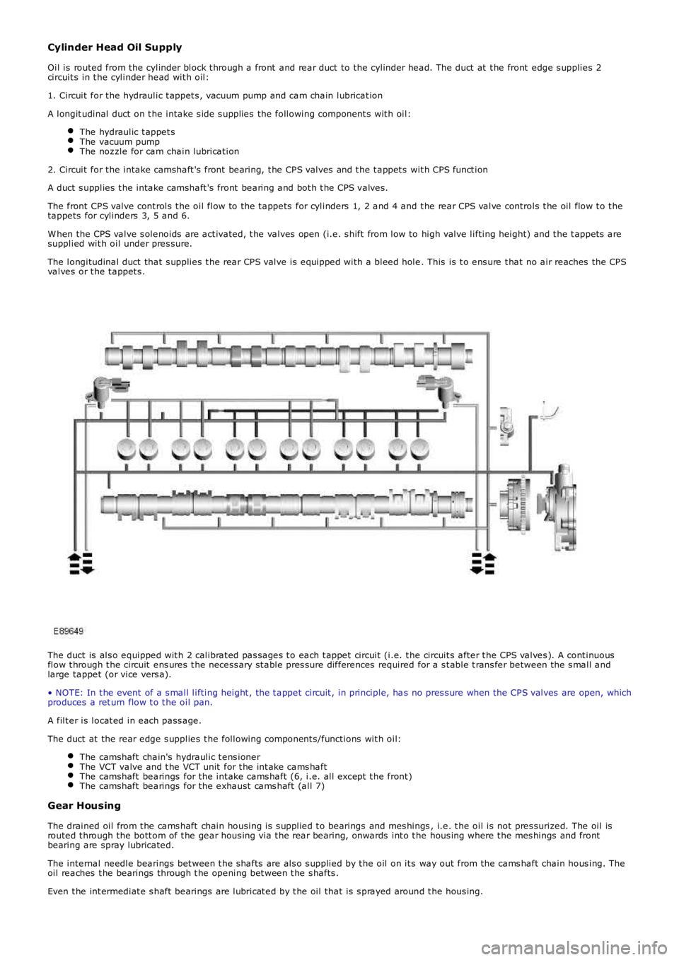LAND ROVER FRELANDER 2 2006  Repair Manual Cylinder Head Oil Supply
Oil is  routed from the cylinder block t hrough a front  and rear duct  to the cylinder head. The duct  at  t he front  edge s upplies  2circuit s in t he cylinder head wit h 