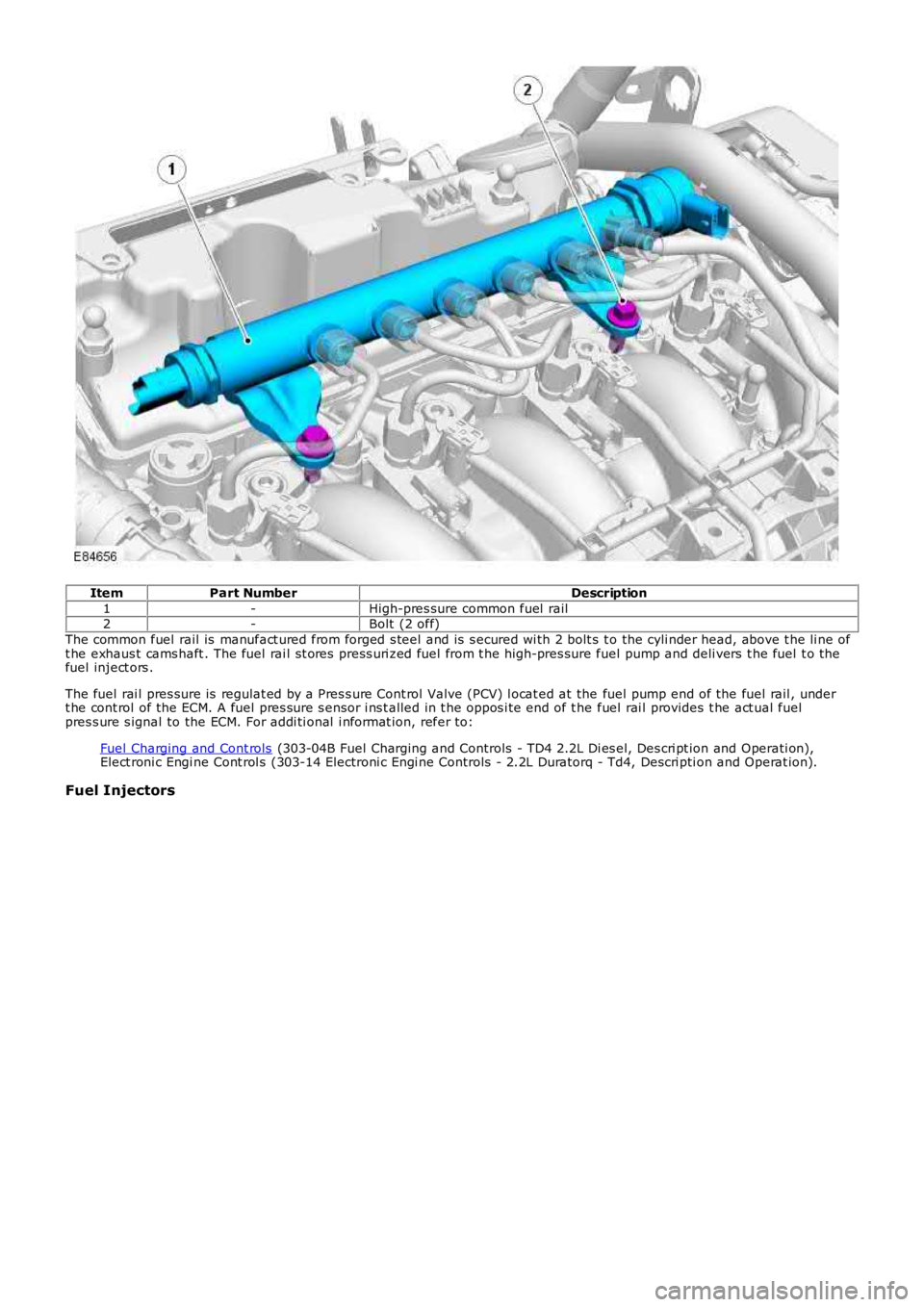 LAND ROVER FRELANDER 2 2006  Repair Manual ItemPart NumberDescription
1-High-pres sure common fuel  rail2-Bolt  (2 off)
The common fuel  rail is  manufact ured from forged s teel and is  s ecured wi th 2 bolt s to the cyli nder head, above t h
