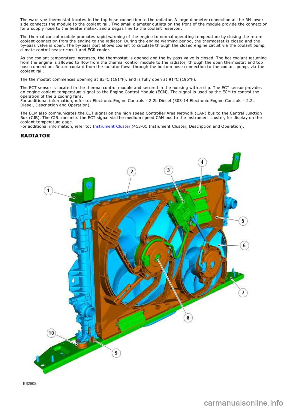 LAND ROVER FRELANDER 2 2006  Repair Manual The wax-t ype thermost at locates  i n t he top hos e connecti on t o t he radiat or. A l arge di ameter connecti on at the RH lowers ide connect s the modul e t o t he coolant  rail. Two smal l diame