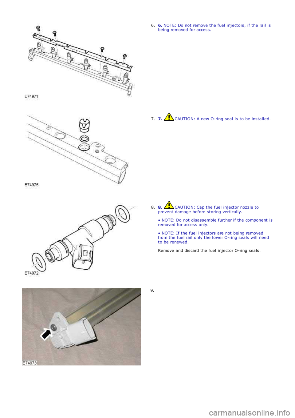 LAND ROVER FRELANDER 2 2006  Repair Manual 6. NOTE: Do not remove t he fuel  i nject ors , i f the rail isbeing removed for acces s .6.
7. CAUTION: A new O-ring seal is  to be ins tall ed.7.
8. CAUTION: Cap t he fuel  inject or nozzle topreven