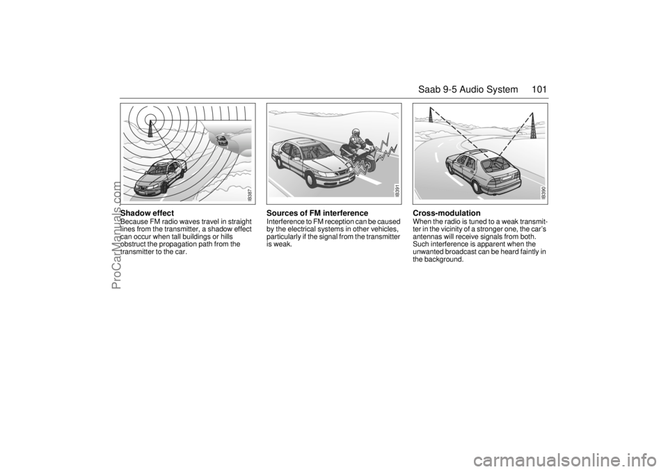 SAAB 9-5 2001  Owners Manual 101 Saab 9-5 Audio System
Shadow effect Because FM radio waves travel in straight 
lines from the transmitter, a shadow effect 
can occur when tall buildings or hills 
obstruct the propagation path fr