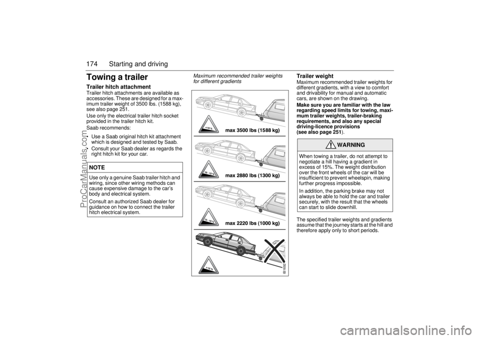 SAAB 9-5 2001  Owners Manual 174 Starting and drivingTowing a trailerTrailer hitch attachmentTrailer hitch attachments are available as 
accessories. These are designed for a max-
imum trailer weight of 3500 lbs. (1588 kg), 
see 