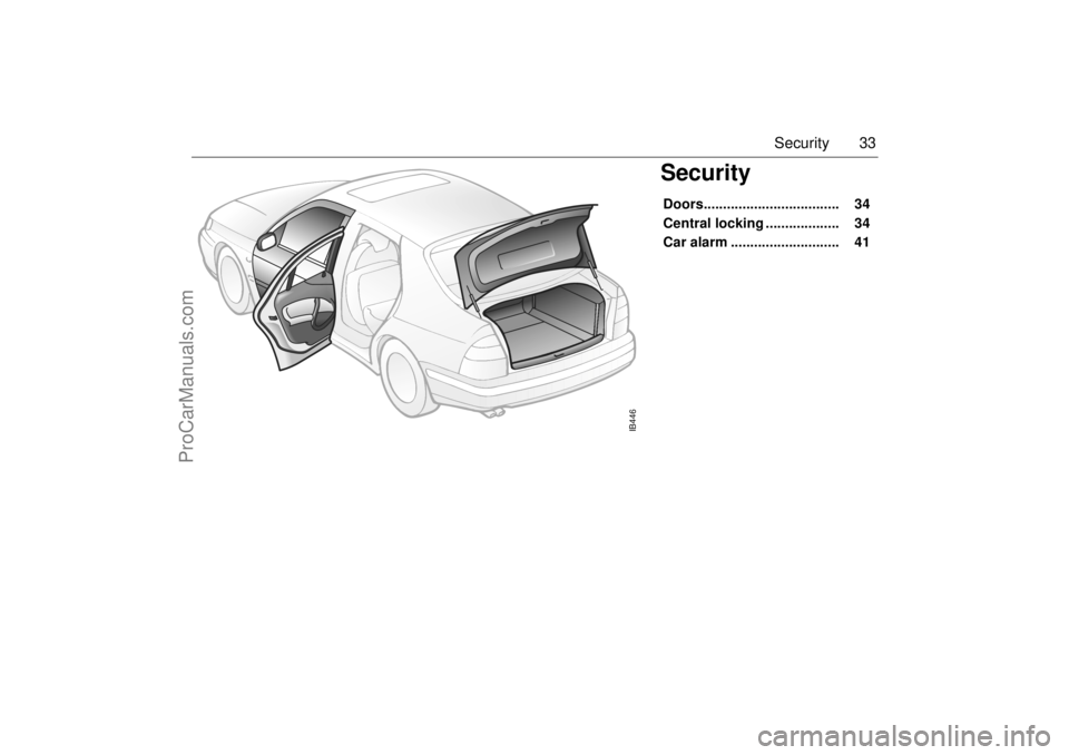 SAAB 9-5 2001  Owners Manual 33 Security
Security Doors...................................   34 
Central locking ...................    34 
Car alarm ............................    41 
IB446
ProCarManuals.com 
