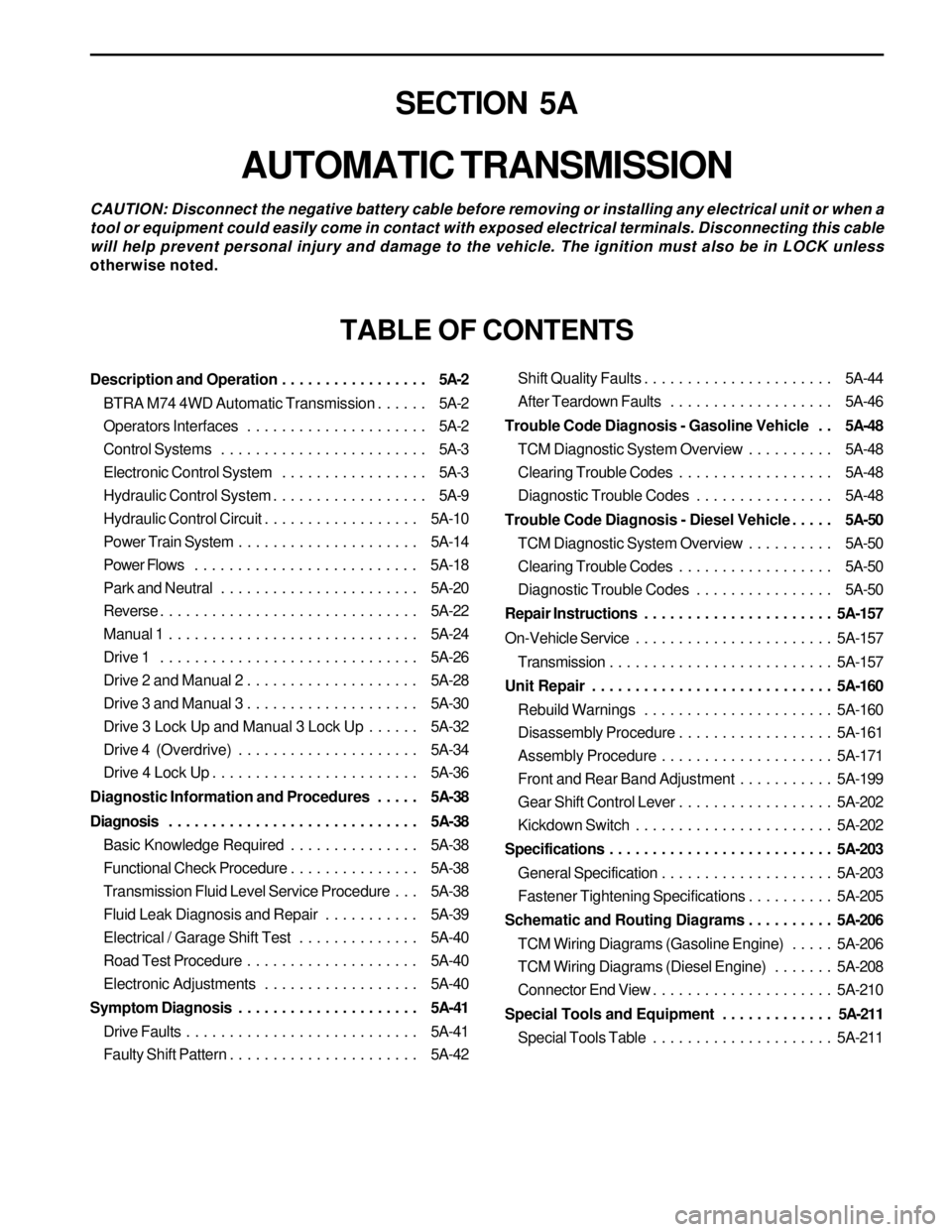 SSANGYONG KORANDO 1997  Service Repair Manual SECTION 5A
AUTOMATIC TRANSMISSION
CAUTION: Disconnect the negative battery cable before removing or installing any electrical unit or when a
tool or equipment could easily come in contact with exposed