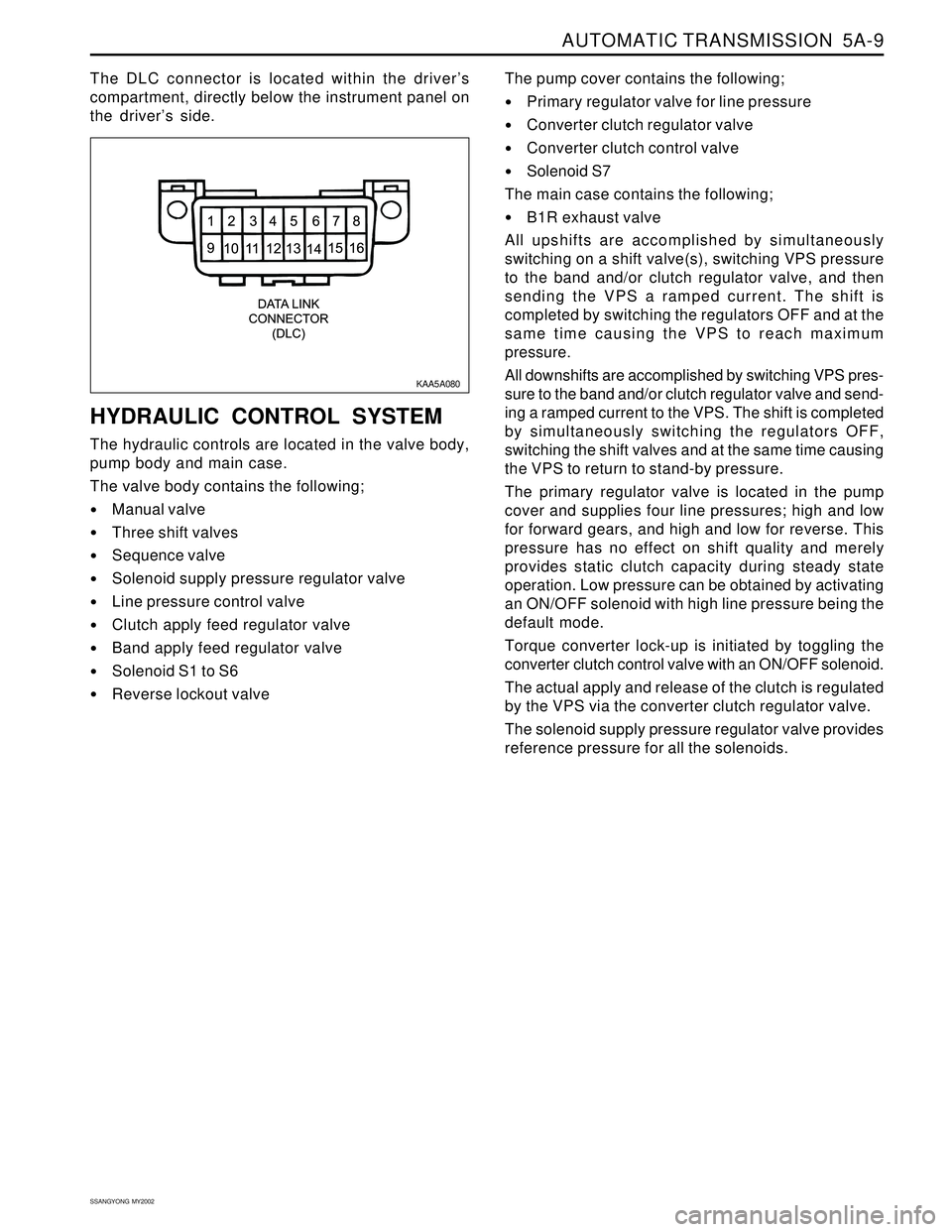 SSANGYONG KORANDO 1997 Service Repair Manual AUTOMATIC TRANSMISSION 5A-9
SSANGYONG MY2002
The DLC connector is located within the driver’s
compartment, directly below the instrument panel on
the driver’s side.
HYDRAULIC CONTROL SYSTEM
The SSANGYONG KORANDO 1997 Service Repair Manual AUTOMATIC TRANSMISSION 5A-9
SSANGYONG MY2002
The DLC connector is located within the driver’s
compartment, directly below the instrument panel on
the driver’s side.
HYDRAULIC CONTROL SYSTEM
The