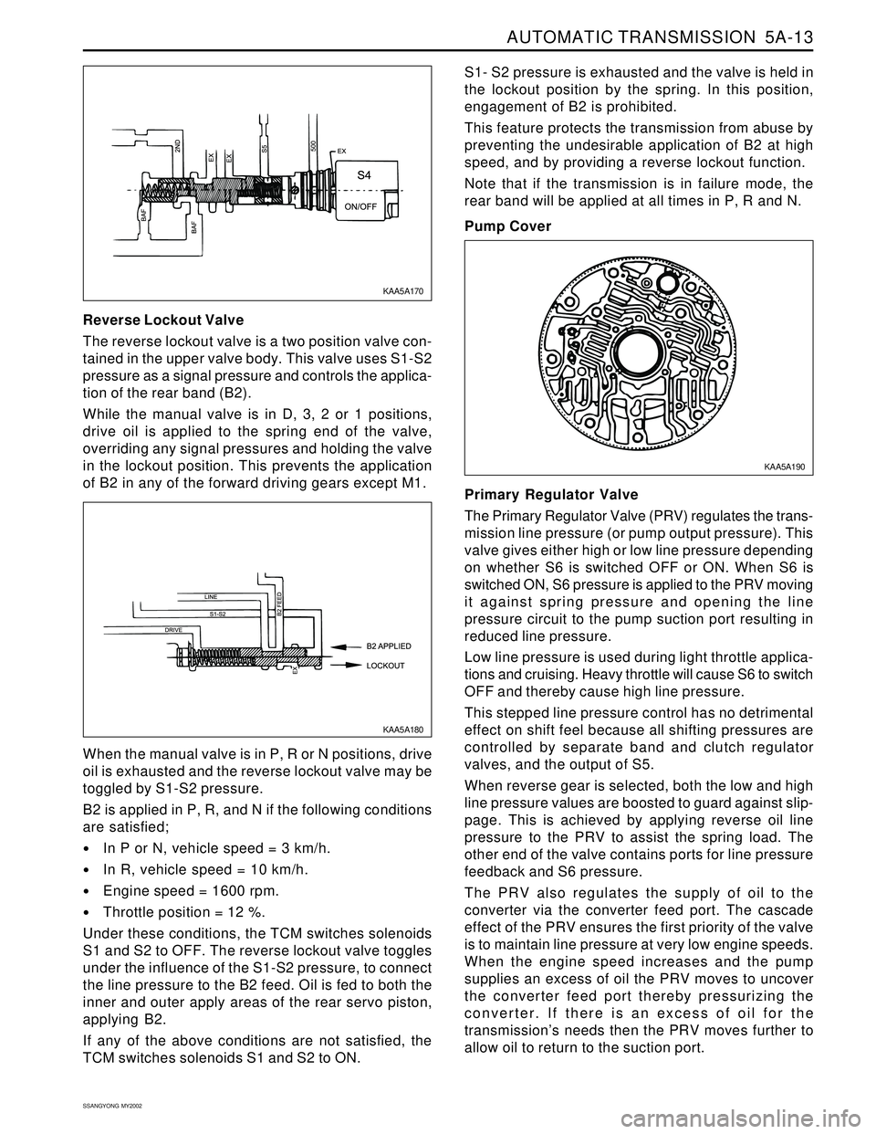 SSANGYONG KORANDO 1997  Service Repair Manual AUTOMATIC TRANSMISSION  5A-13
SSANGYONG  MY2002
Reverse Lockout Valve
The reverse lockout valve is a two position valve con-
tained in the upper valve body. This valve uses S1-S2
pressure as a signal 