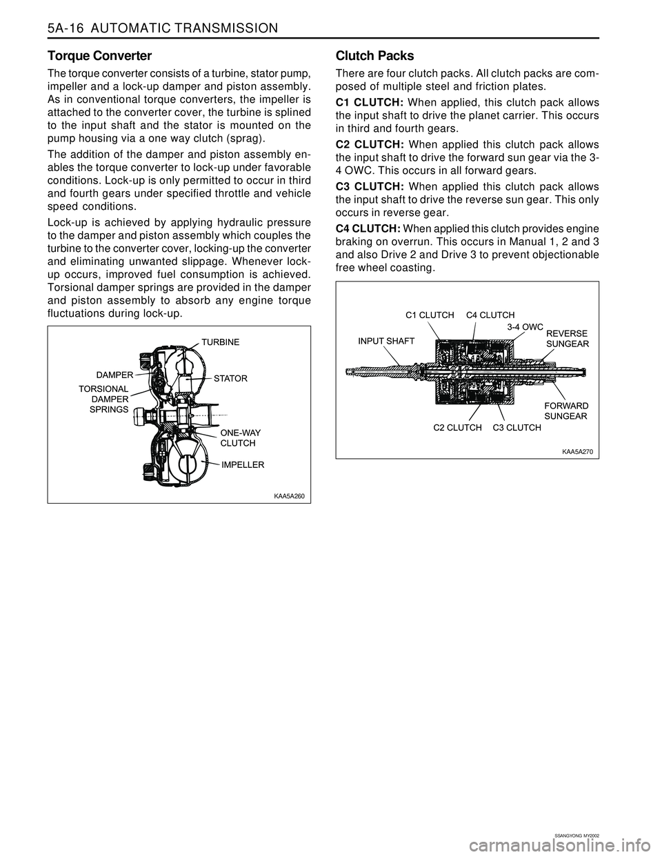 SSANGYONG KORANDO 1997  Service Repair Manual 5A-16  AUTOMATIC TRANSMISSION
SSANGYONG  MY2002
Torque Converter
The torque converter consists of a turbine, stator pump,
impeller and a lock-up damper and piston assembly.
As in conventional torque c