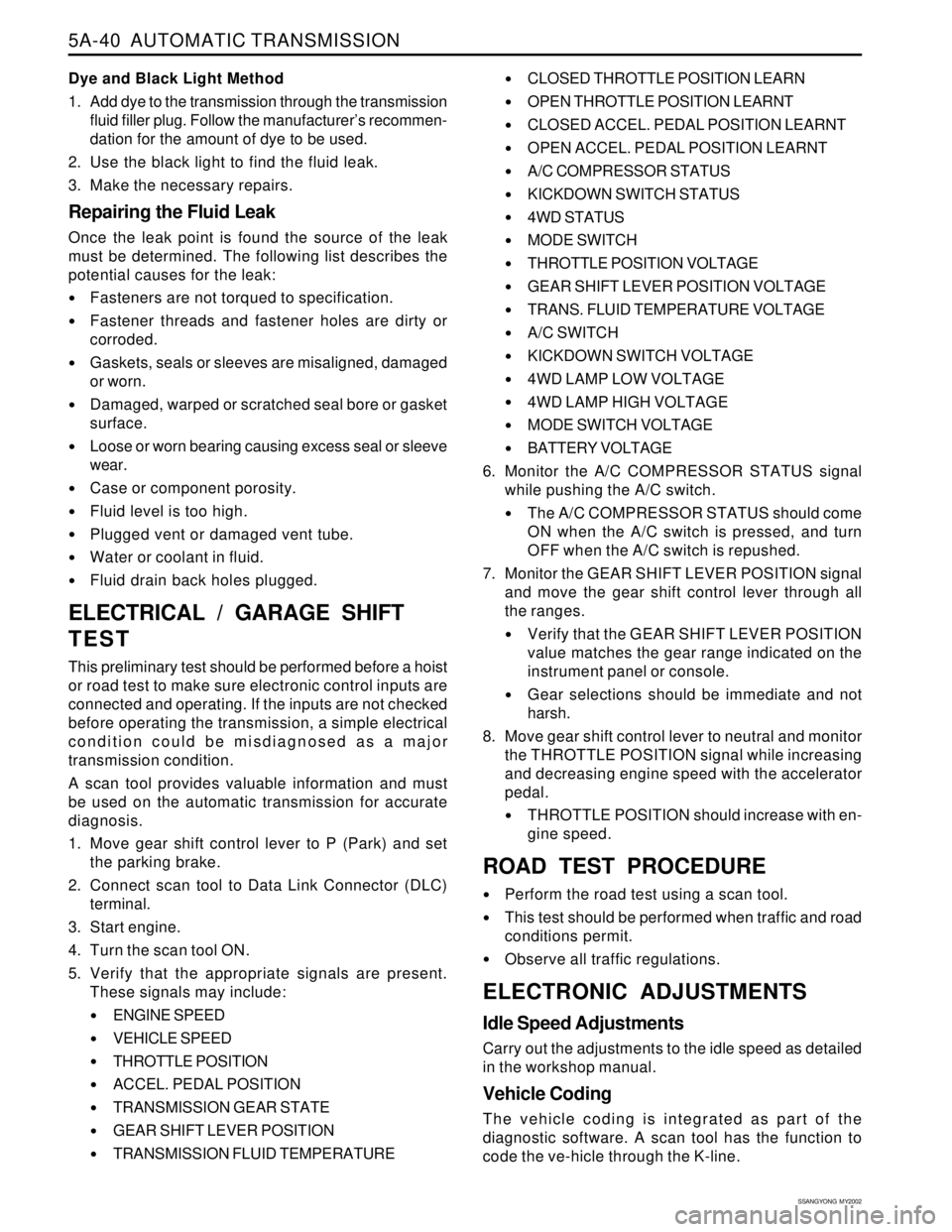 SSANGYONG KORANDO 1997  Service Repair Manual 5A-40  AUTOMATIC TRANSMISSION
SSANGYONG  MY2002
Dye and Black Light Method
1. Add dye to the transmission through the transmission
fluid filler plug. Follow the manufacturer’s recommen-
dation for t