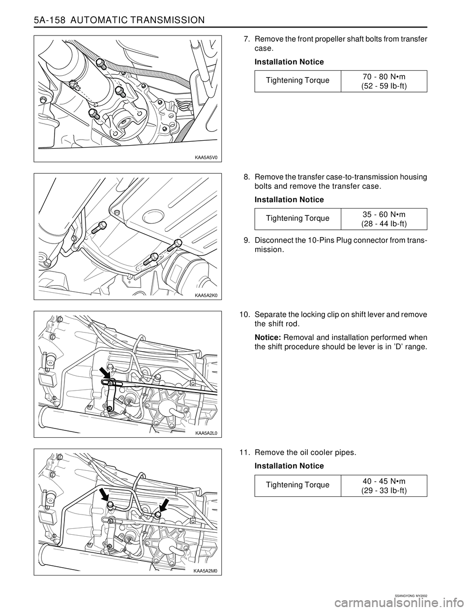 SSANGYONG KORANDO 1997  Service Repair Manual 5A-158  AUTOMATIC TRANSMISSION
SSANGYONG  MY2002
8. Remove the transfer case-to-transmission housing
bolts and remove the transfer case.
Installation Notice
10. Separate the locking clip on shift leve