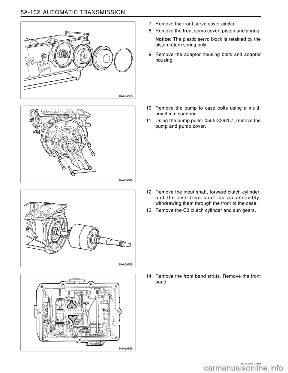 SSANGYONG KORANDO 1997  Service Repair Manual 5A-162  AUTOMATIC TRANSMISSION
SSANGYONG  MY2002
7. Remove the front servo cover circlip.
8. Remove the front servo cover, piston and spring.
Notice: The plastic servo block is retained by the
piston 