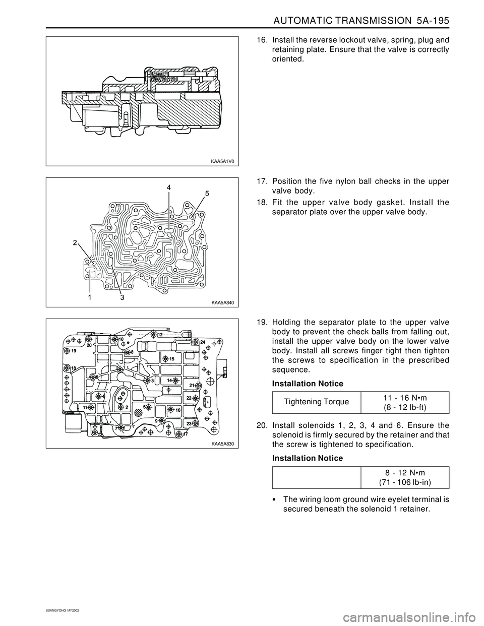 SSANGYONG KORANDO 1997  Service Repair Manual AUTOMATIC TRANSMISSION  5A-195
SSANGYONG  MY2002
19. Holding the separator plate to the upper valve
body to prevent the check balls from falling out,
install the upper valve body on the lower valve
bo
