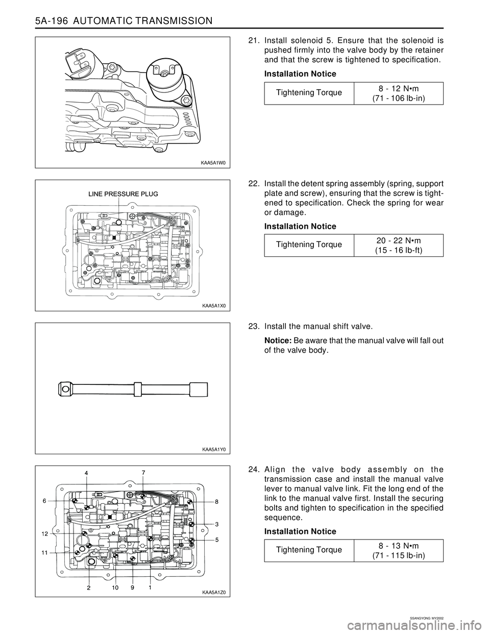 SSANGYONG KORANDO 1997  Service Repair Manual 5A-196  AUTOMATIC TRANSMISSION
SSANGYONG  MY2002
21. Install solenoid 5. Ensure that the solenoid is
pushed firmly into the valve body by the retainer
and that the screw is tightened to specification.