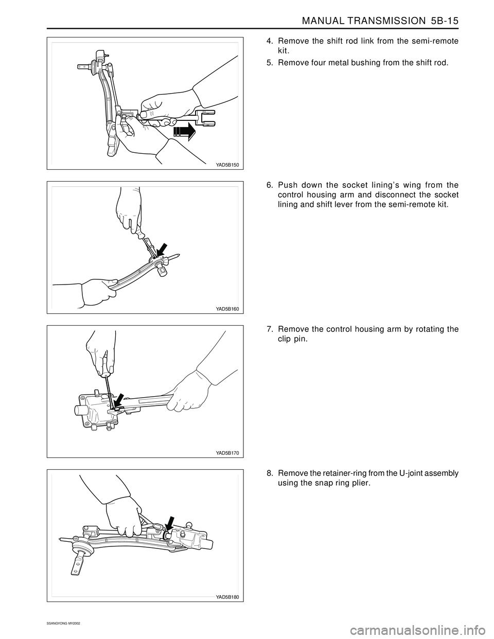 SSANGYONG KORANDO 1997  Service Repair Manual MANUAL TRANSMISSION  5B-15
SSANGYONG  MY2002
6. Push down the socket lining’s wing from the
control housing arm and disconnect the socket
lining and shift lever from the semi-remote kit.
YAD5B160
YA