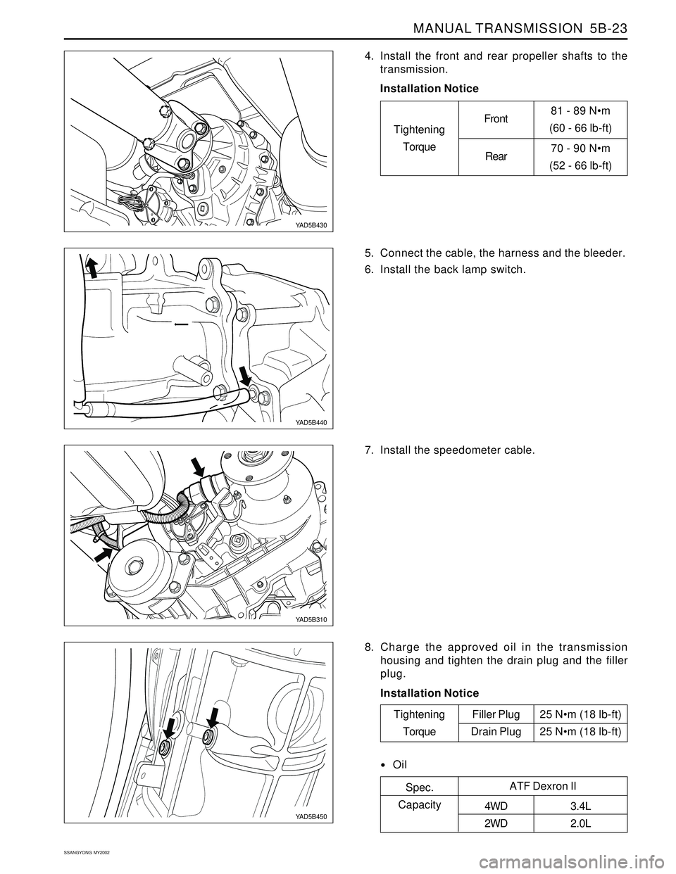 SSANGYONG KORANDO 1997  Service Repair Manual MANUAL TRANSMISSION  5B-23
SSANGYONG  MY2002
4. Install the front and rear propeller shafts to the
transmission.
Installation Notice
5. Connect the cable, the harness and the bleeder.
6. Install the b