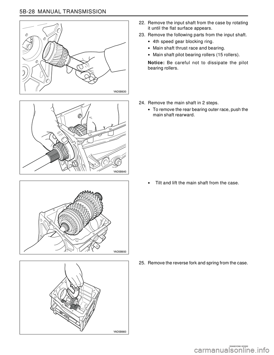 SSANGYONG KORANDO 1997  Service Repair Manual SSANGYONG  MY2002
5B-28  MANUAL TRANSMISSION
22. Remove the input shaft from the case by rotating
it until the flat surface appears.
23. Remove the following parts from the input shaft.
4th speed gea