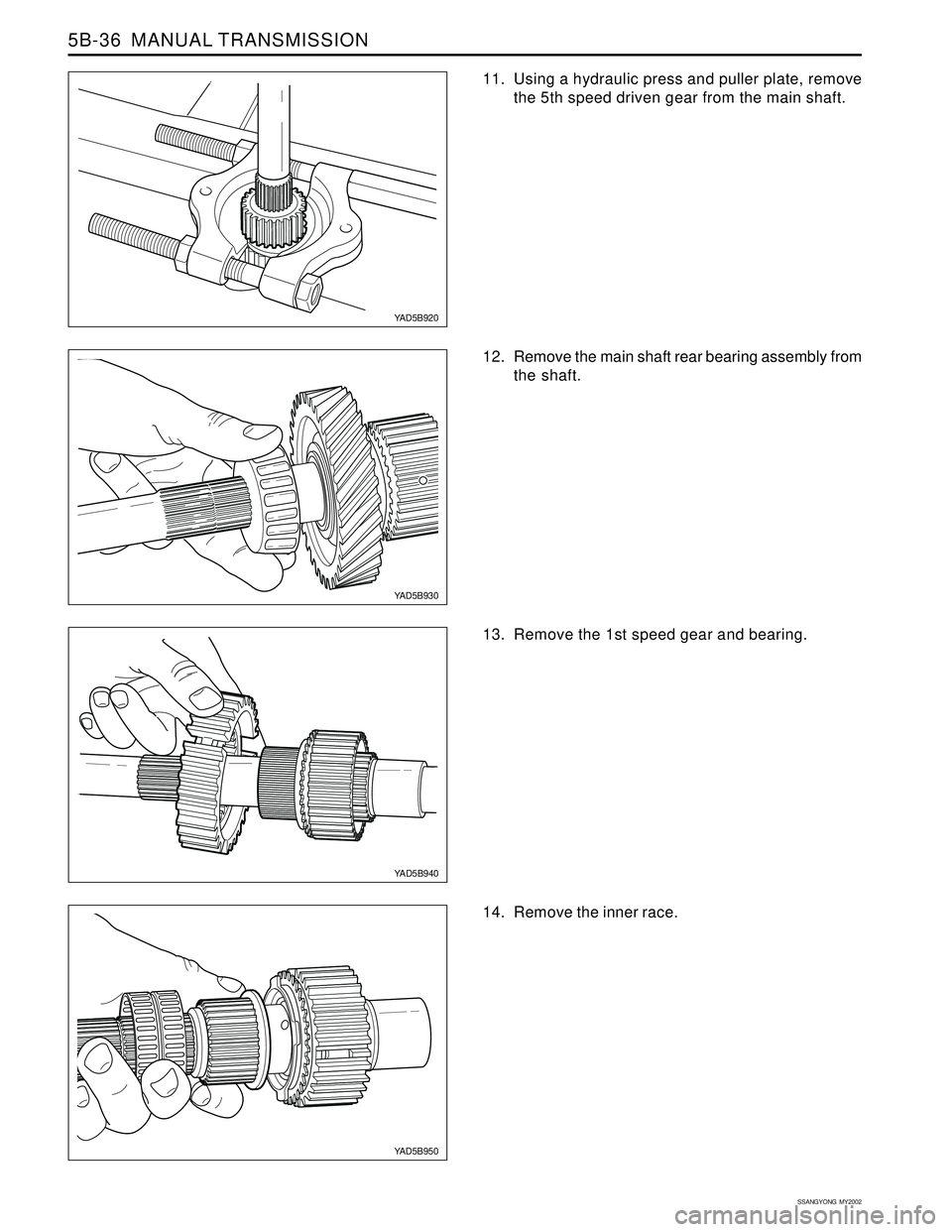 SSANGYONG KORANDO 1997  Service Repair Manual SSANGYONG  MY2002
5B-36  MANUAL TRANSMISSION
11. Using a hydraulic press and puller plate, remove
the 5th speed driven gear from the main shaft.
YAD5B920
YAD5B930
YAD5B950
YAD5B940
12. Remove the main