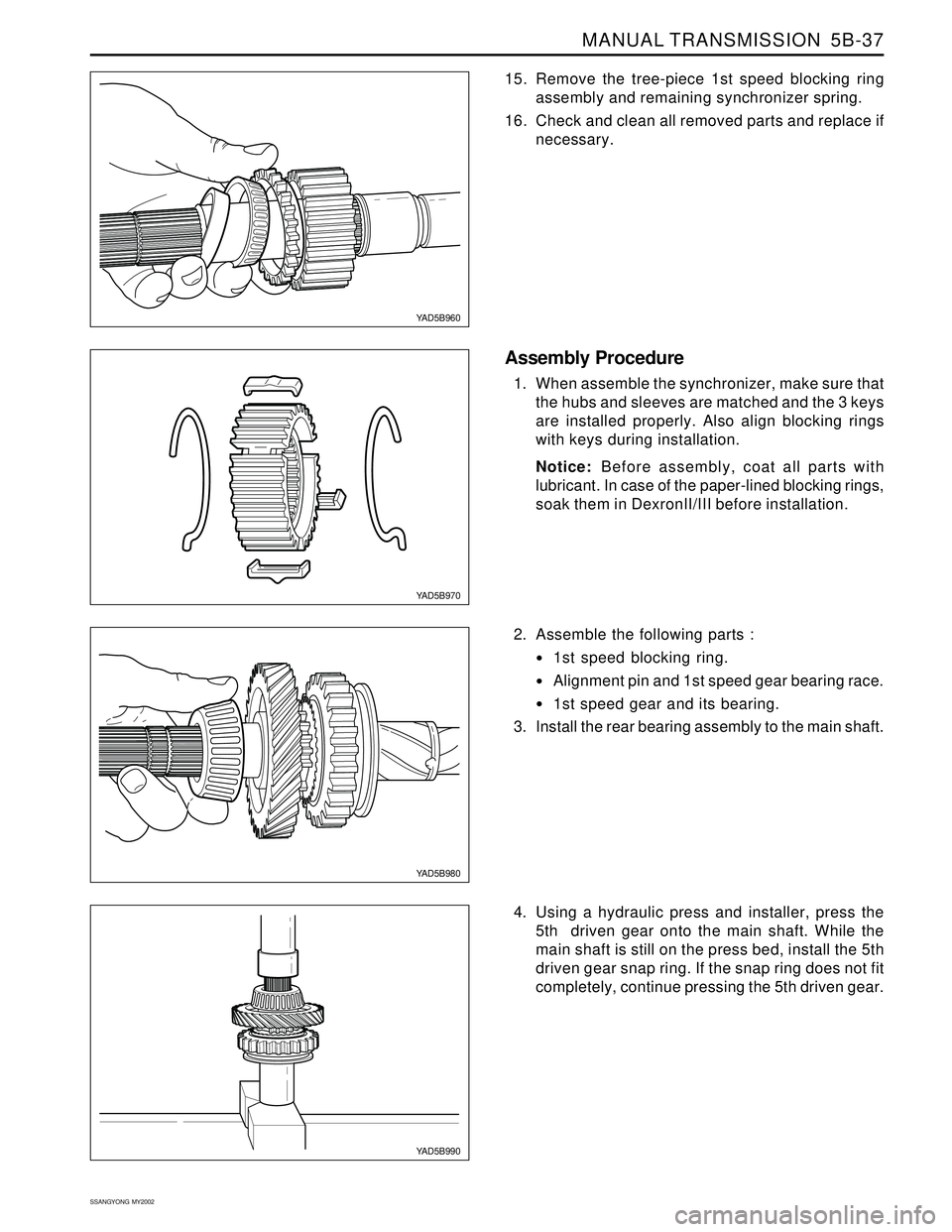 SSANGYONG KORANDO 1997 Service Repair Manual MANUAL TRANSMISSION 5B-37
SSANGYONG MY2002
YAD5B960
YAD5B970
YAD5B990
15. Remove the tree-piece 1st speed blocking ring
assembly and remaining synchronizer spring.
16. Check and clean all removed pa SSANGYONG KORANDO 1997 Service Repair Manual MANUAL TRANSMISSION 5B-37
SSANGYONG MY2002
YAD5B960
YAD5B970
YAD5B990
15. Remove the tree-piece 1st speed blocking ring
assembly and remaining synchronizer spring.
16. Check and clean all removed pa