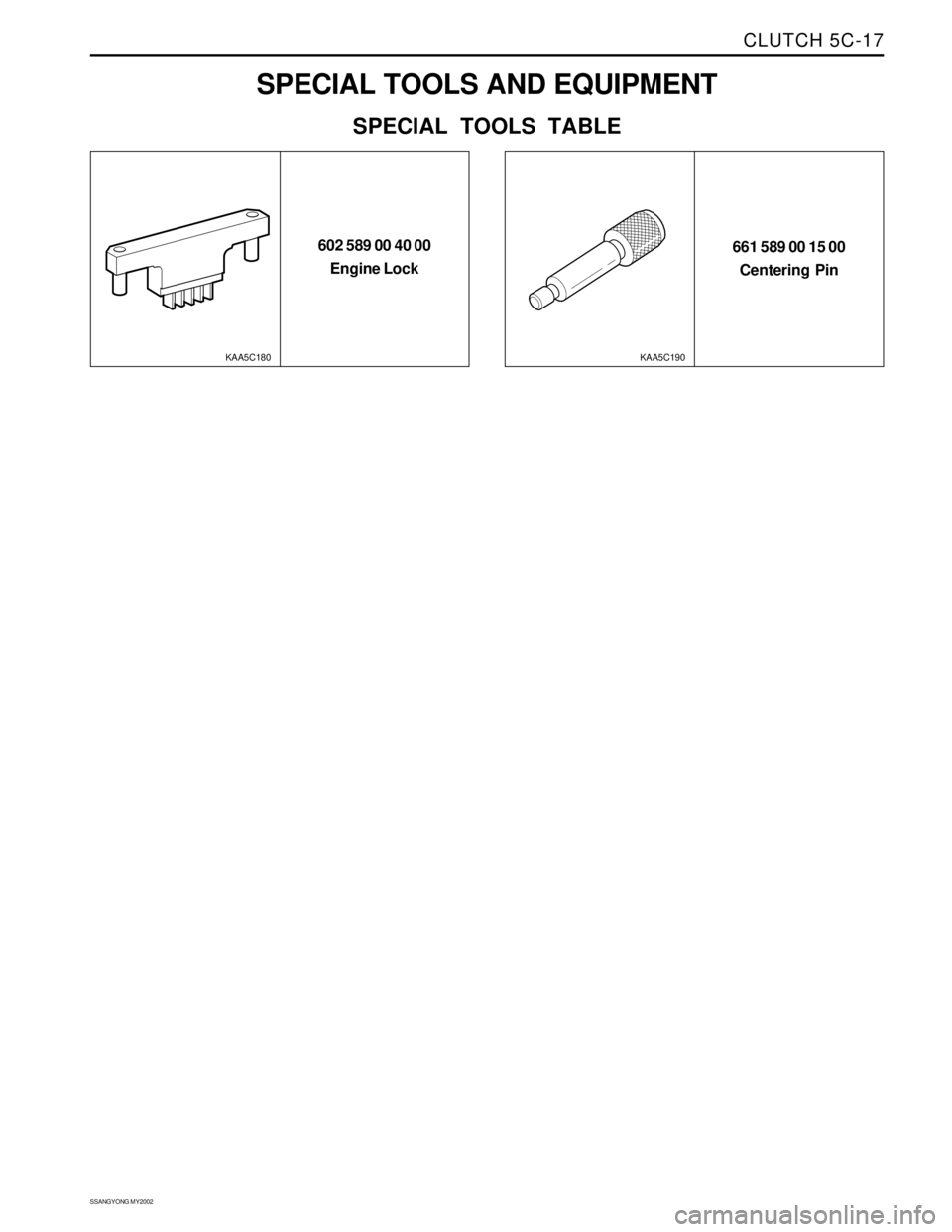 SSANGYONG KORANDO 1997  Service Repair Manual CLUTCH 5C-17
SSANGYONG MY2002
SPECIAL TOOLS AND EQUIPMENT
SPECIAL TOOLS TABLE
602 589 00 40 00
Engine Lock
KAA5C180
661 589 00 15 00
Centering Pin
KAA5C190 