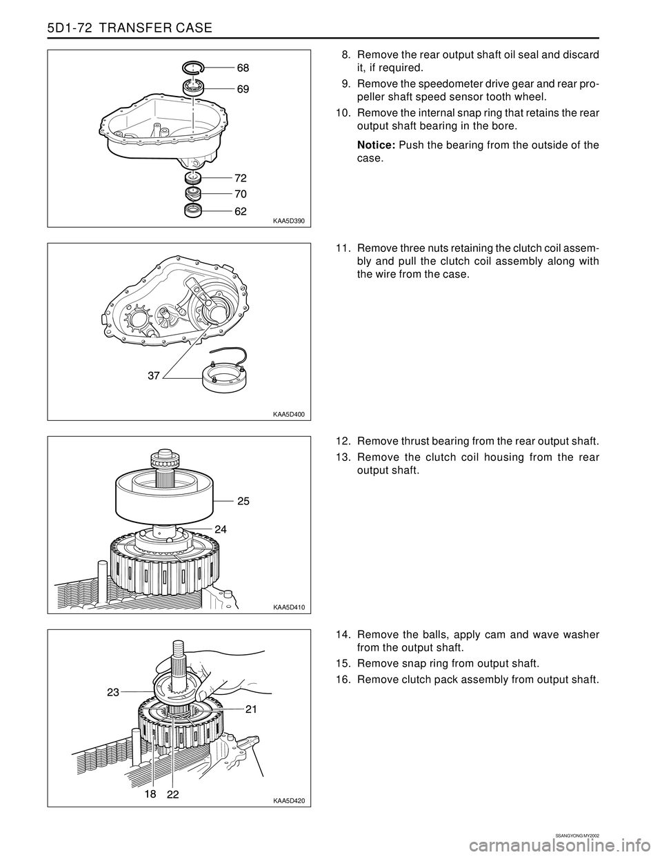 SSANGYONG KORANDO 1997  Service Repair Manual SSANGYONG MY2002
5D1-72  TRANSFER CASE
KAA5D390
KAA5D400
KAA5D410
KAA5D420
8. Remove the rear output shaft oil seal and discard
it, if required.
9. Remove the speedometer drive gear and rear pro-
pell