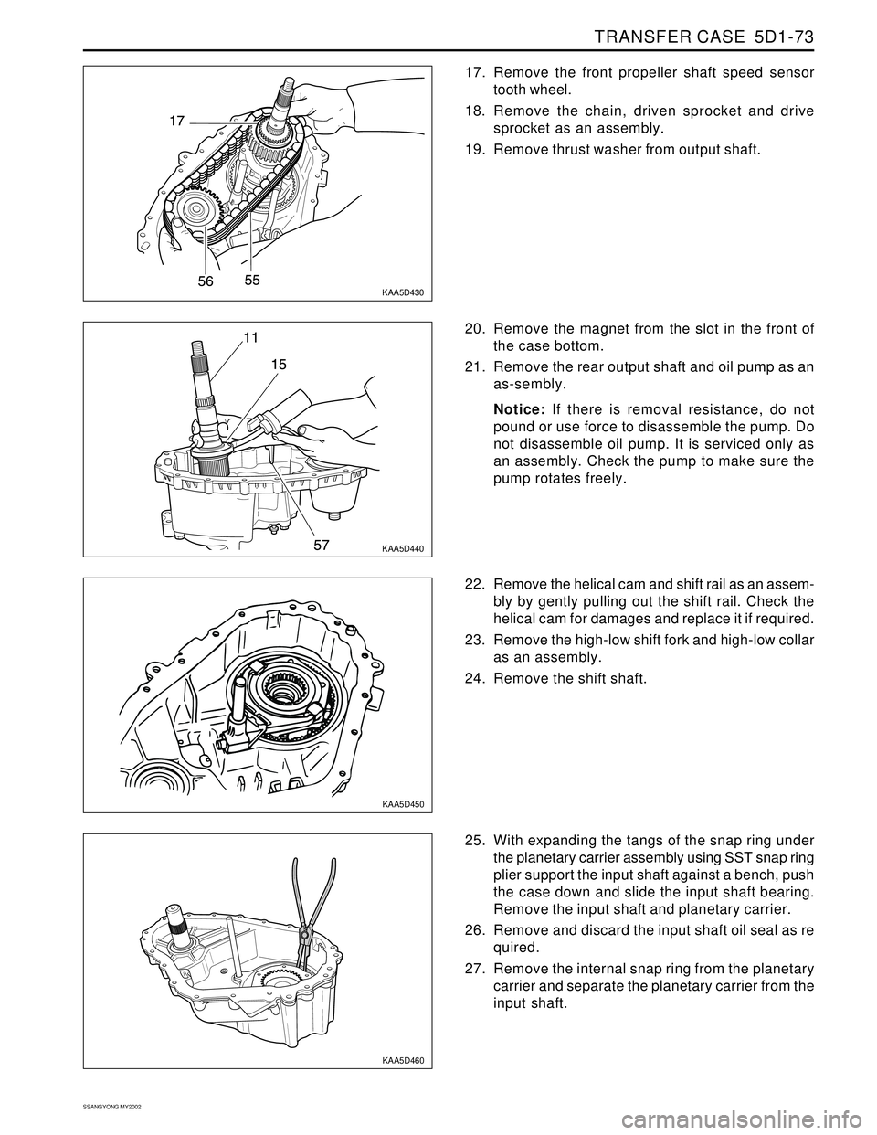 SSANGYONG KORANDO 1997  Service Repair Manual TRANSFER CASE  5D1-73
SSANGYONG MY2002
KAA5D430
KAA5D440
KAA5D450
KAA5D460
17. Remove the front propeller shaft speed sensor
tooth wheel.
18. Remove the chain, driven sprocket and drive
sprocket as an